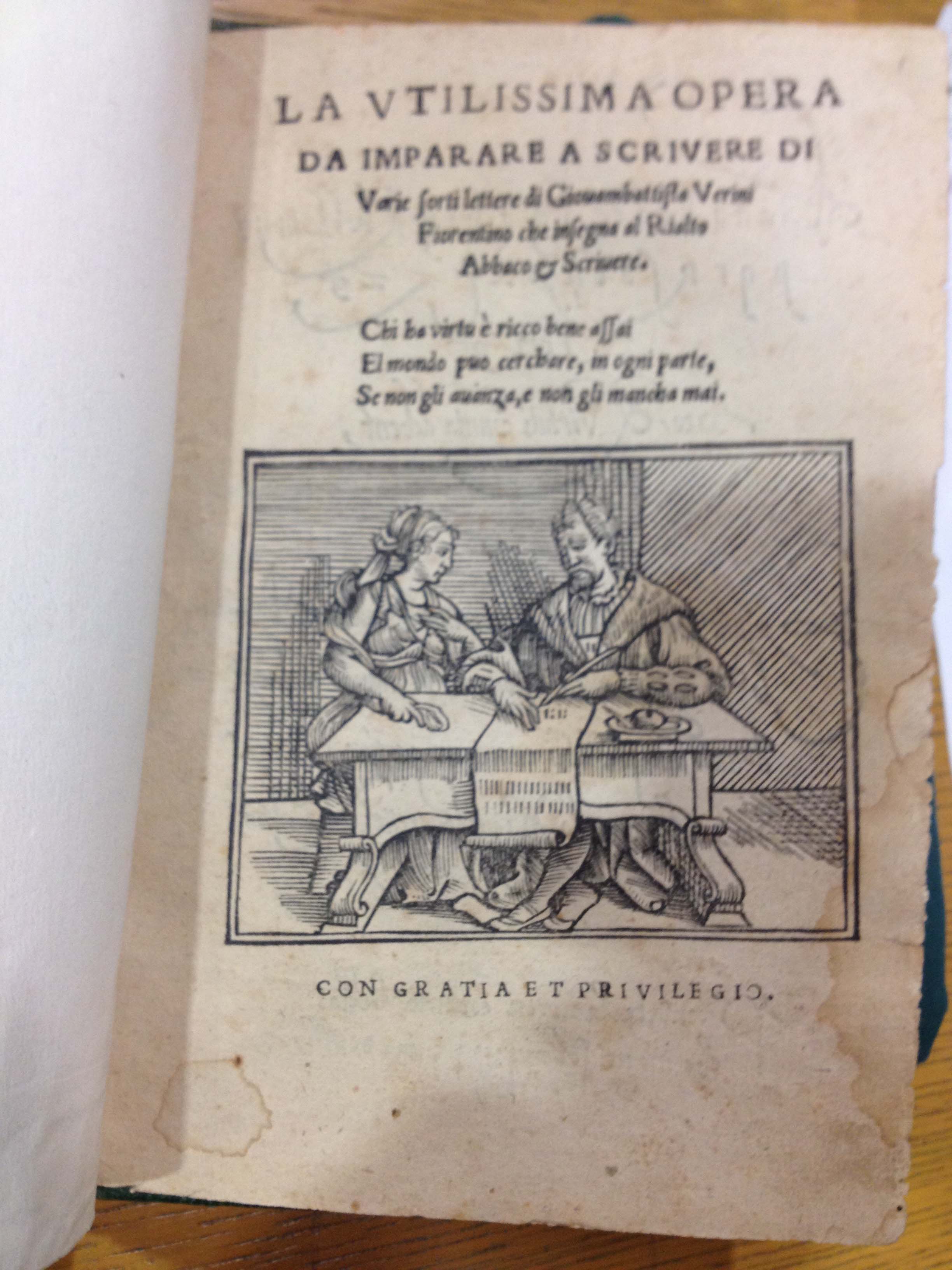 Verini teaches a woman to write. Newberry Library.